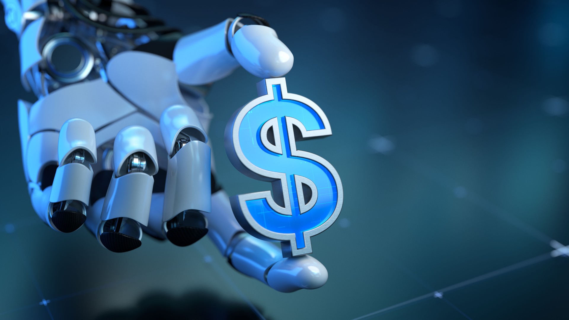 Robotic Hand Holding Digital US Dollar Symbol in Futuristic Setting